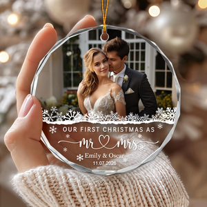 Personalized Our First Christmas As Mr Mrs Photo Glass Ornament