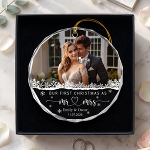 Personalized Our First Christmas As Mr Mrs Photo Glass Ornament