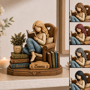 Personalized Book Lover Wooden Plaque, Custom Name Reading Girl Desk Decor