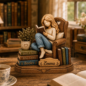 Personalized Book Lover Wooden Plaque, Custom Name Reading Girl Desk Decor