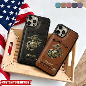 Custom US Marine Corps Leather Wallet Phone Case, 250th Anniversary Gift