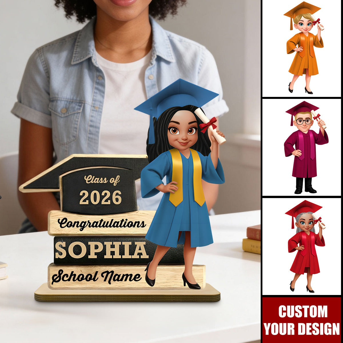 Personalized Graduation Wooden Plaque, Cartoon Grad Holding Diploma, Class Of 2026