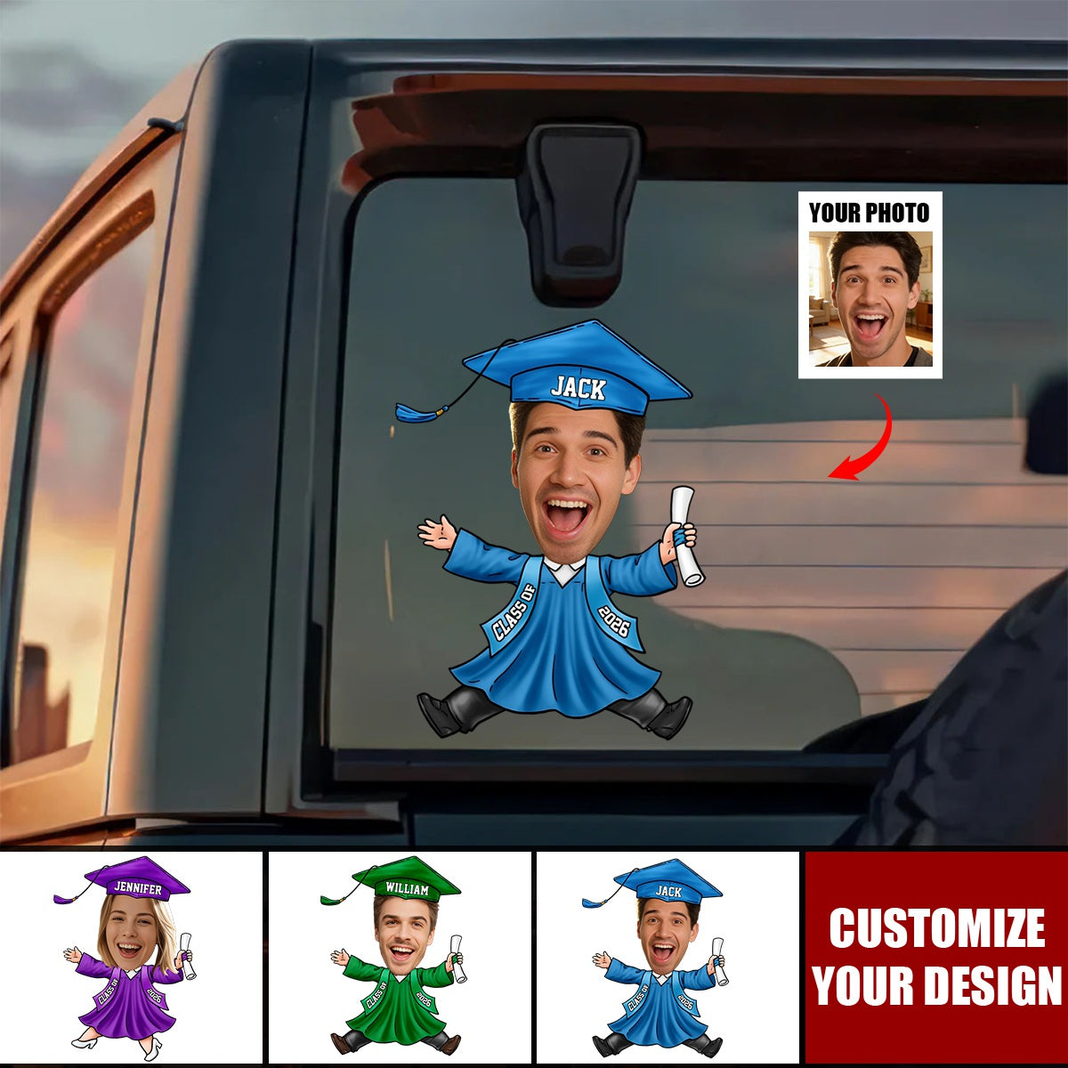 Custom Funny Face Class of 2026 Graduation Car Window Decal Sticker