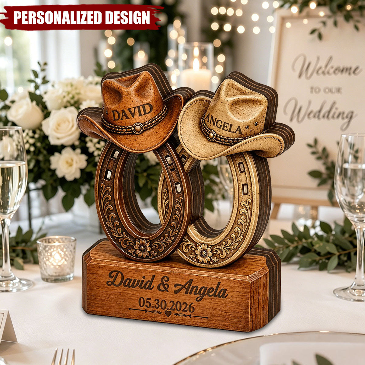 Personalized Horseshoe Cowboy Hat Wooden Plaque - Western Couple Centerpiece Decor