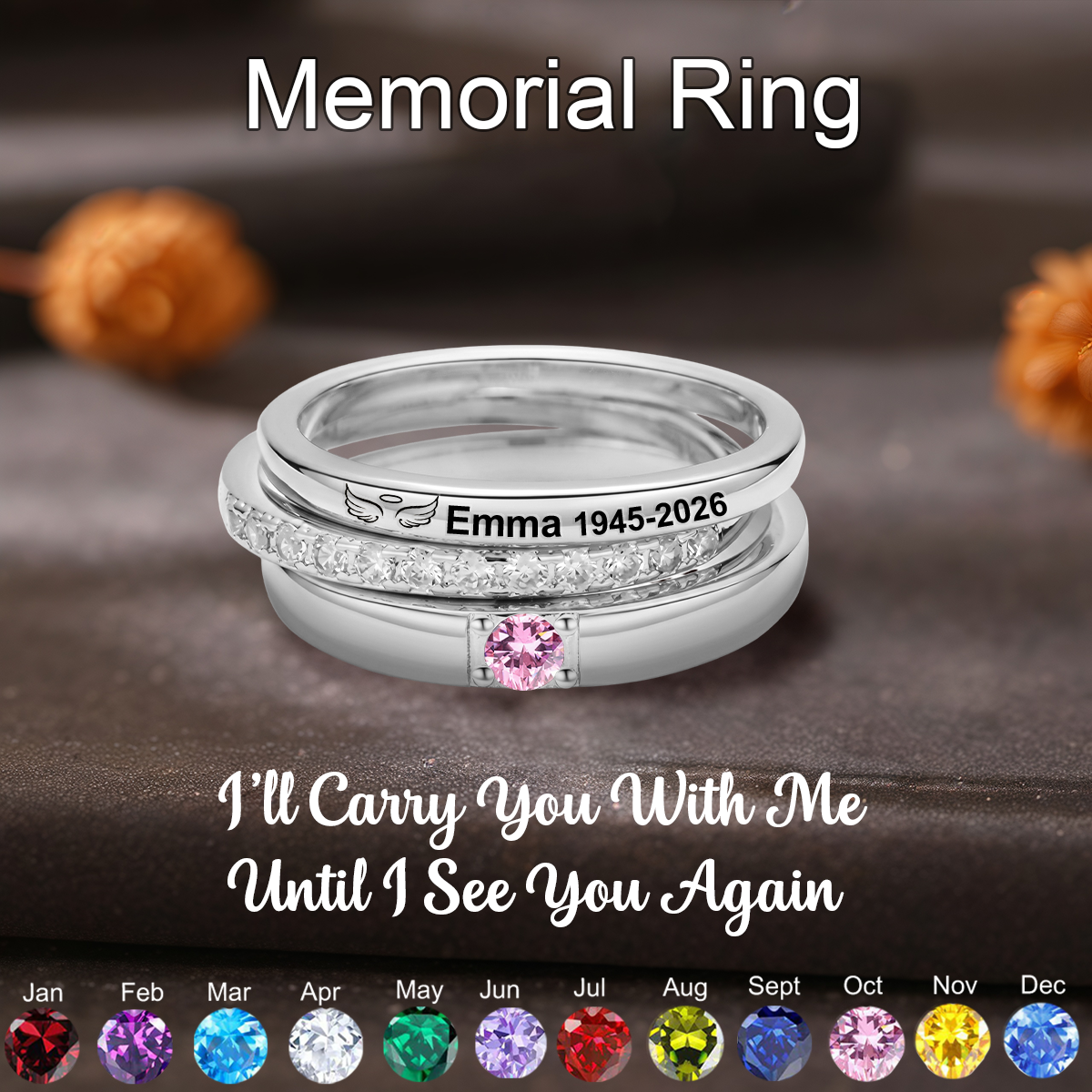 Always In My Heart, Personalized Stacking Birthstone Memorial Ring