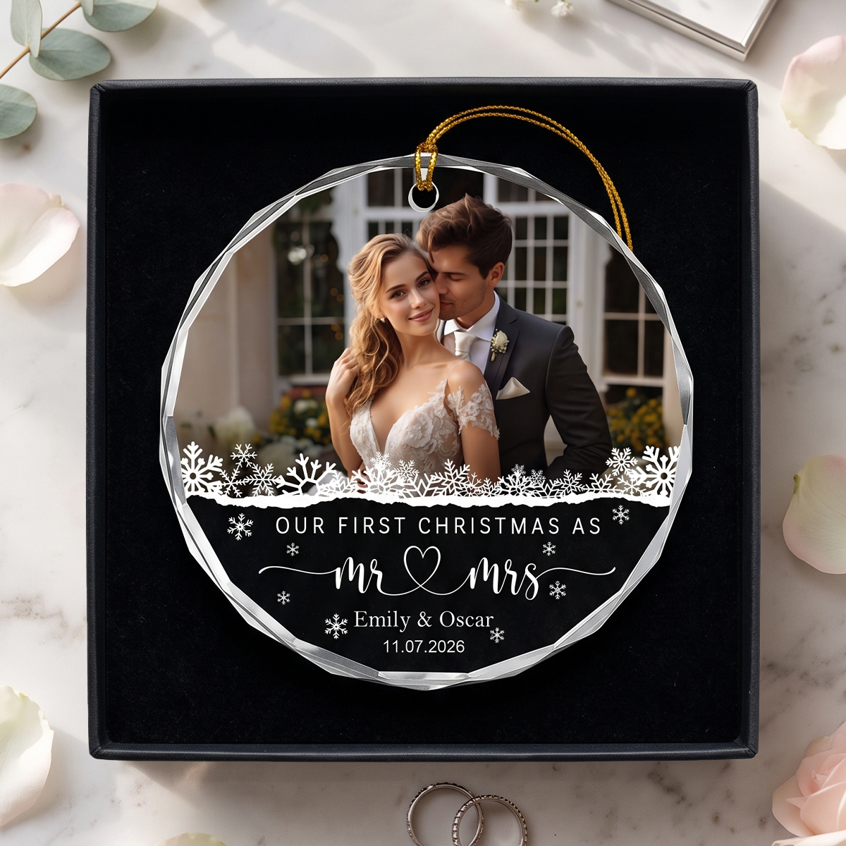 Personalized Our First Christmas As Mr Mrs Photo Glass Ornament