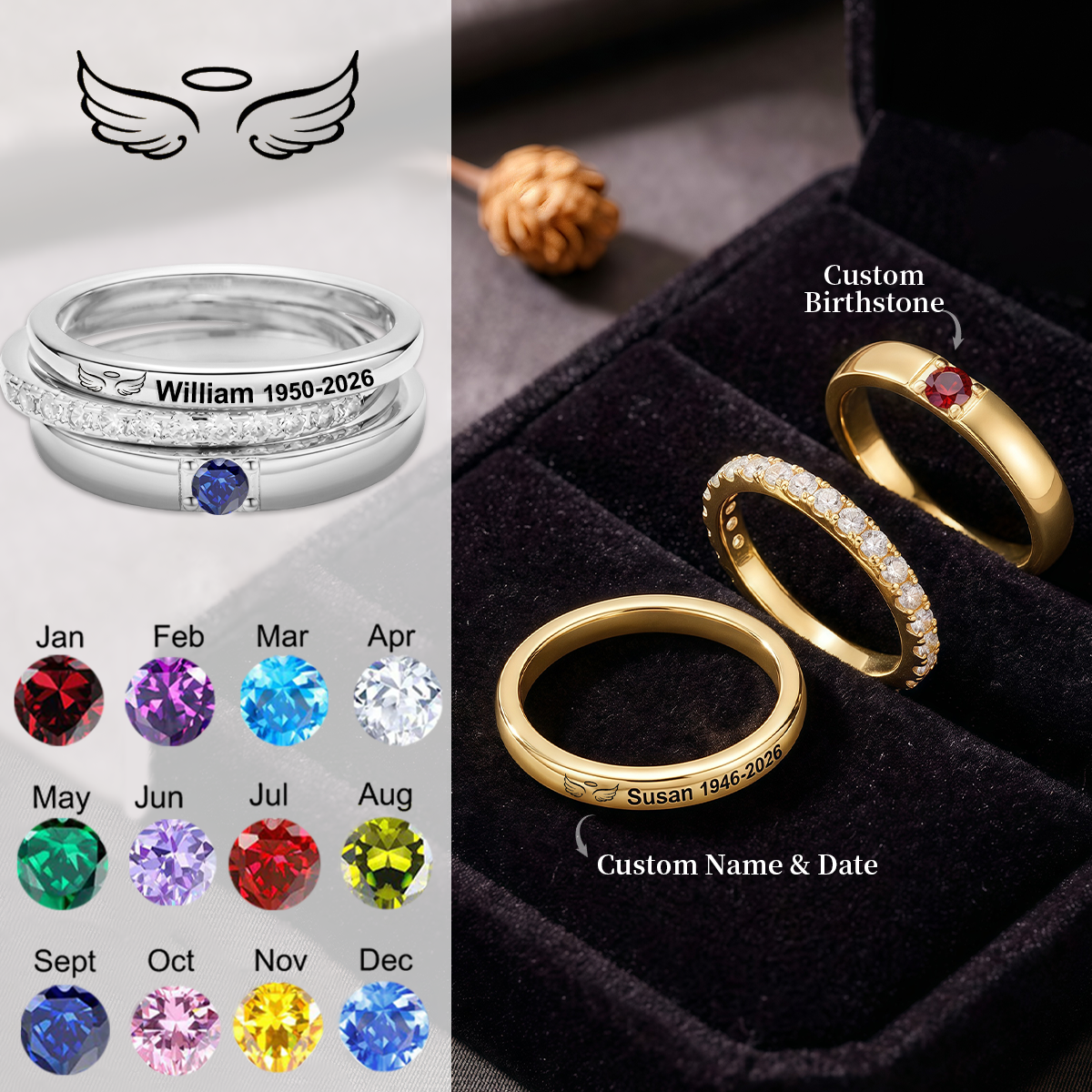 Always In My Heart, Personalized Stacking Birthstone Memorial Ring