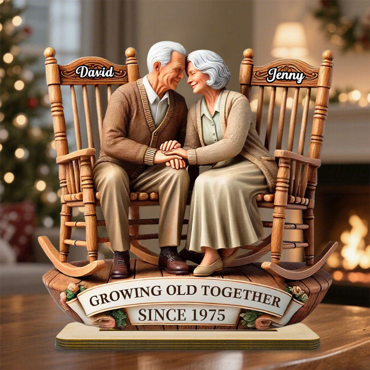 3D Effect Old Couple Sitting On Rocking Chairs Together Personalized Wooden Plaque
