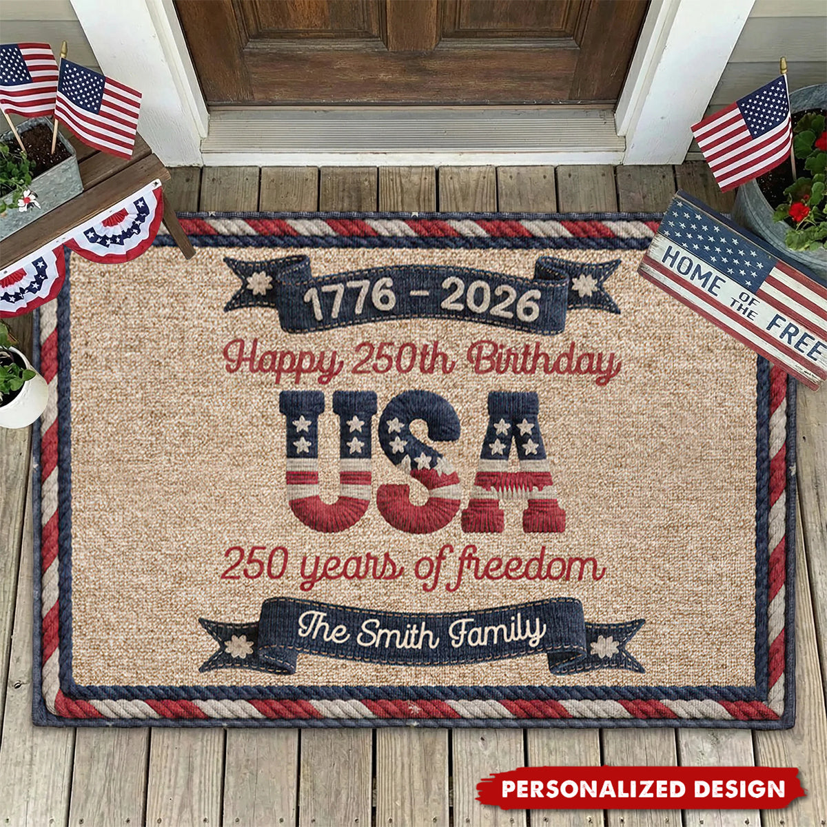 USA 250th Birthday - Personalized Doormat With Family Name