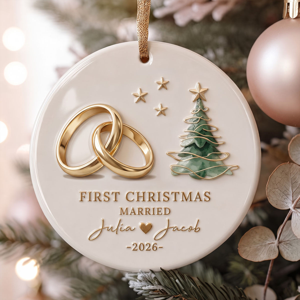 Personalized First Christmas Married Wedding Rings Ceramic Ornament