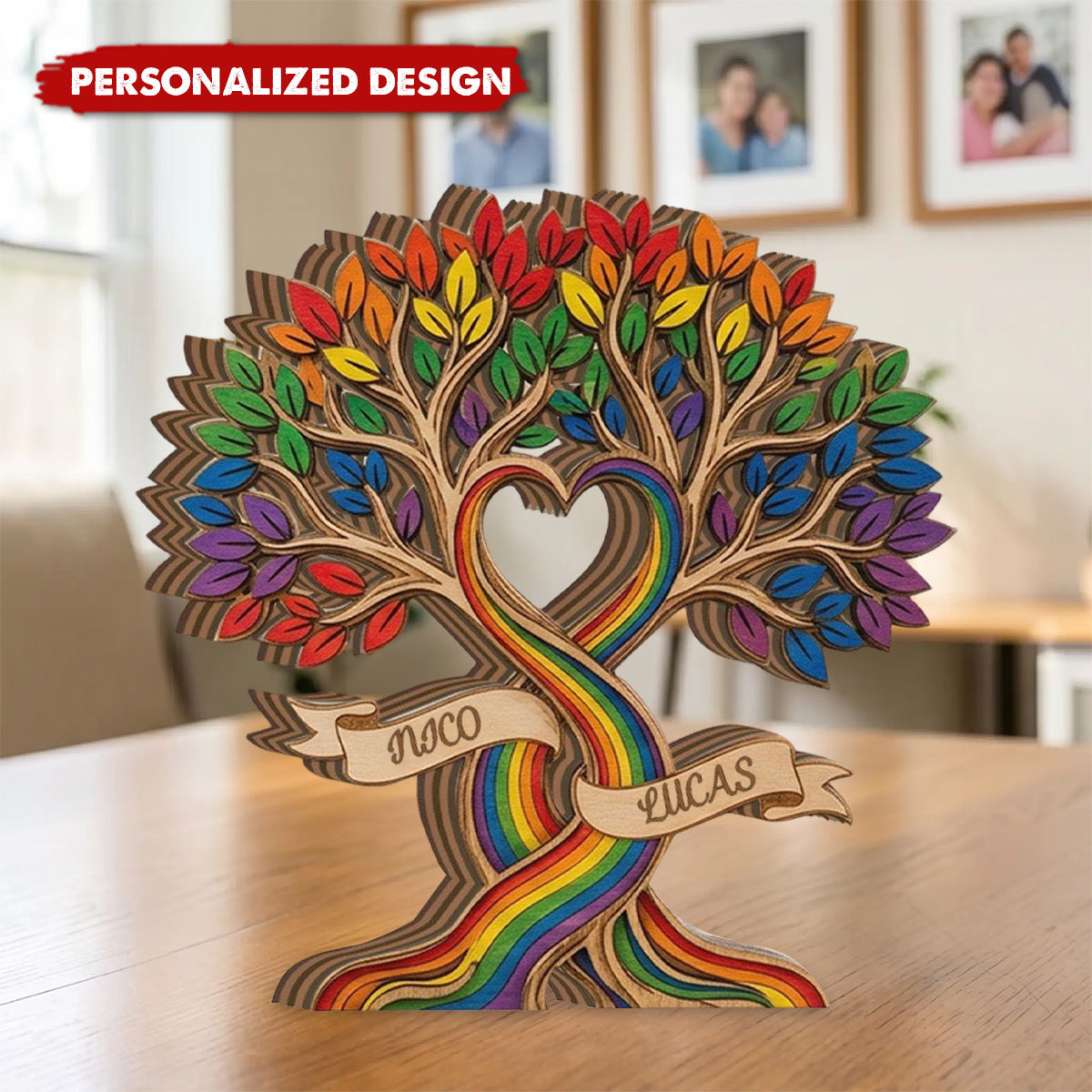 Custom Pride Tree Wooden Plaque, LGBTQ Rainbow Heart Gift